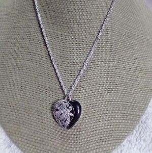 Silvertone black marcasite filigree heart rope chain necklace